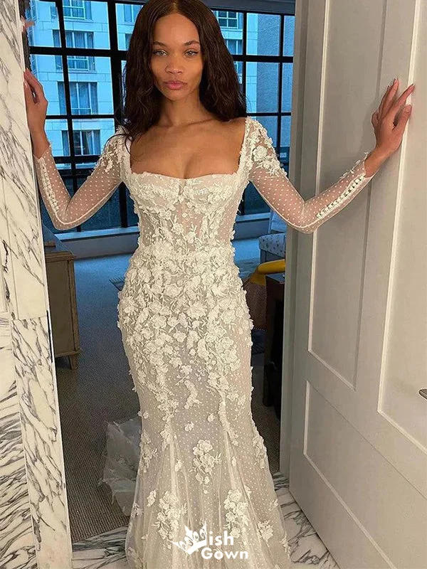 Romantic Square Mermaid  Long Sleeve With Trailing Flower Lace Popular Bridal Long Wedding Dresses, WDH153 Strapless Wedding Gown