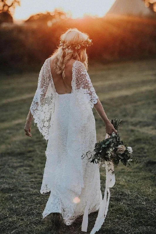 Rustic Batwing Sleeve Lace Ivory Wedding Dresses Ivory Sheath Boho Wedding Dresses W1059 Off-shoulder Gown