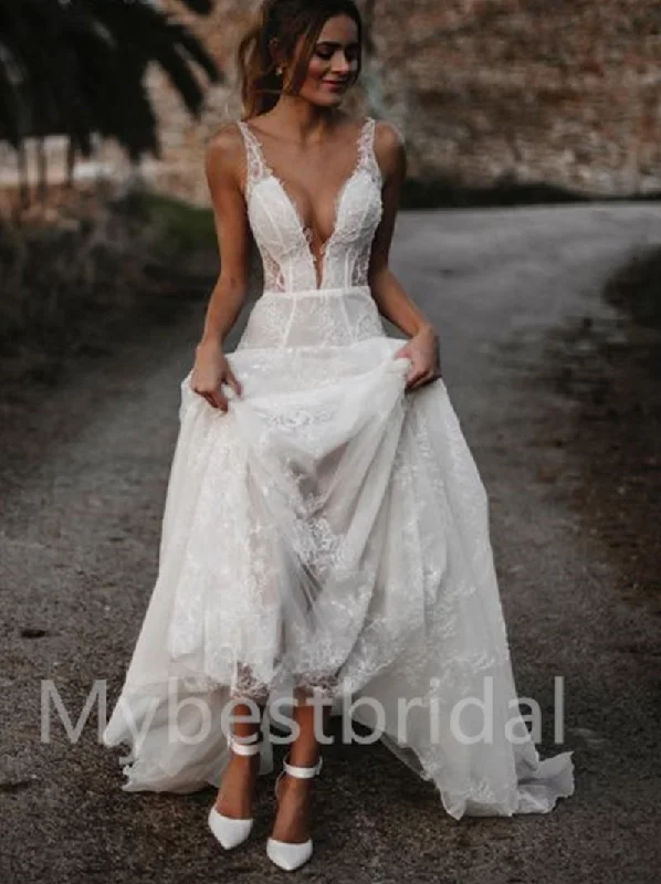 Sexy V-neck Spaghetti straps Sweetheart A-line Lace applique Wedding Dresses, WDY0198 Ruffle Wedding Gown