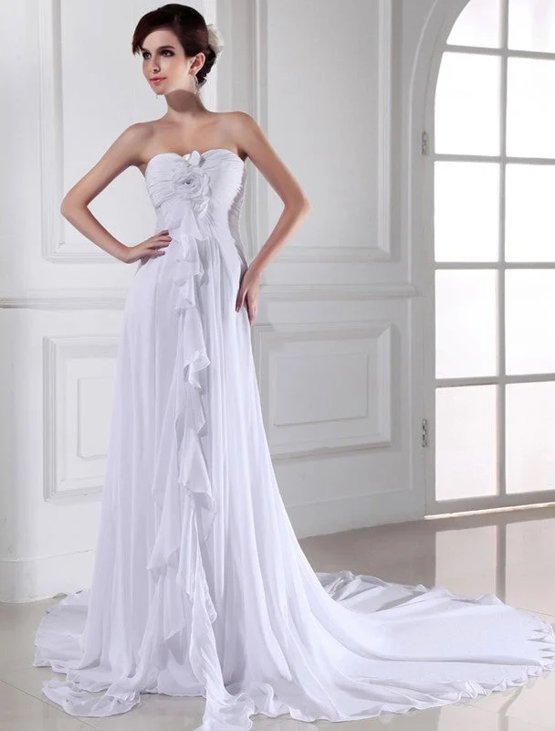 Sheath/Column Hand-made Flower Sweetheart Sleeveless Chiffon Long Wedding Dresses Romantic Satin Dress