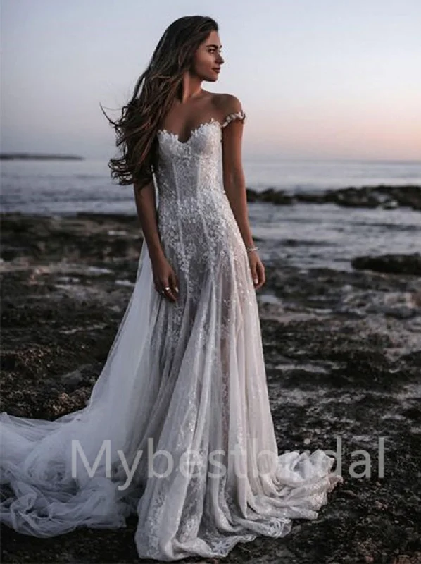 Simple Off-shoulder Sweetheart Mermaid Lace applique Wedding Dresses, WDY0197 Vintage Style Dress