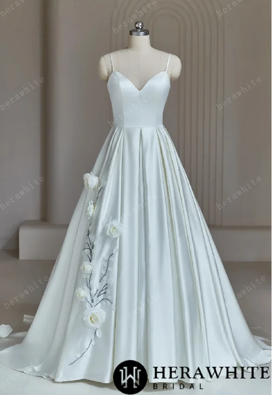 Sophisticated A-Line Wedding Dress With Spaghetti Straps Silk Bridal Dress