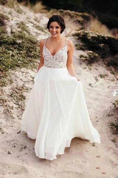 Spaghetti Strap Beaded Wedding Dress Ivory Chiffon V Neck Rustic Wedding Dresses WK478 Open Back Dress