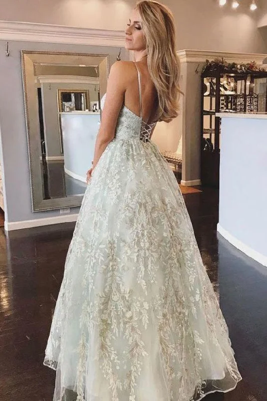 Spaghetti Straps Lace Appliques Beach Wedding Dresses with Lace up Wedding Gowns W1078 Illusion Neckline Gown