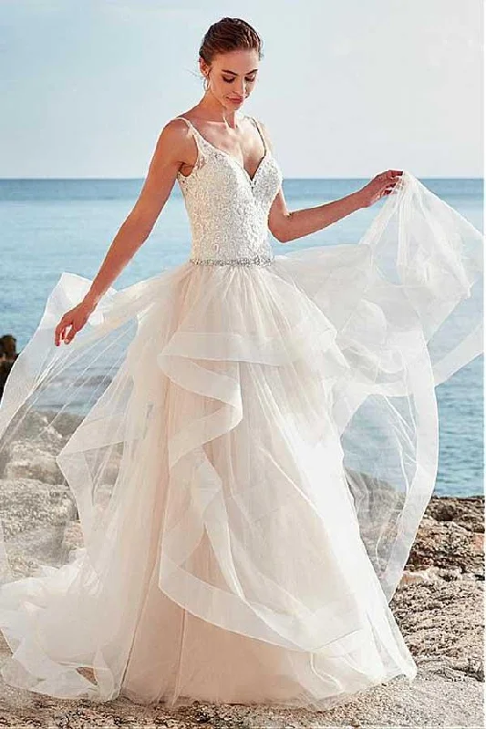 Spaghetti Straps Neckline Backless V-Neck Tulle A-Line Wedding Dresses With Beaded WK310 Modern Lace Gown