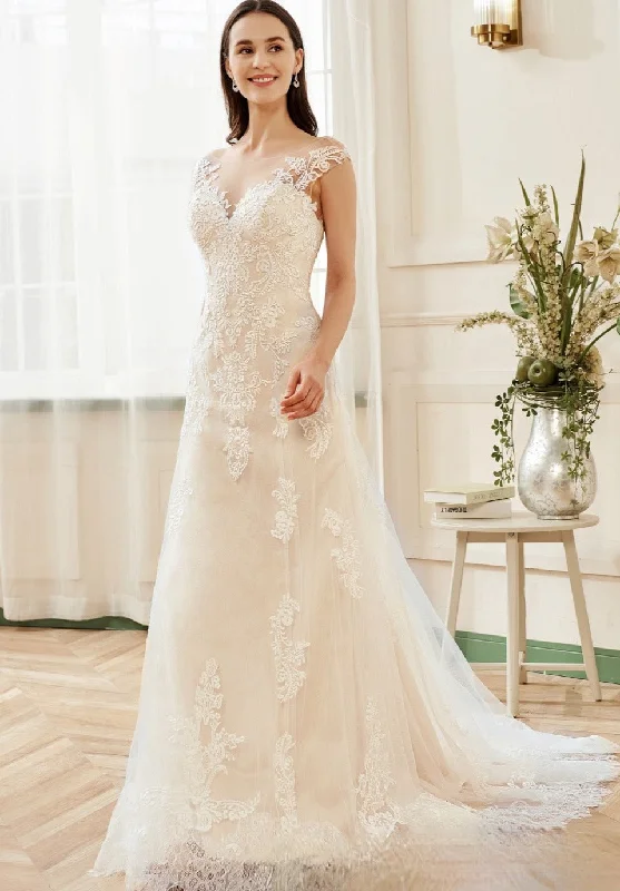 Stunning Illusion Lace Bateau Neckline With Cap Sleeve Wedding Gown Long Sleeve Gown