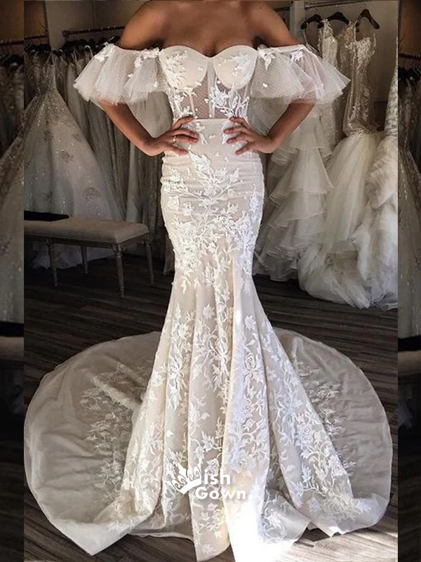 Unique Off the Shoulder Sweetheart Mermaid Applique Long Wedding Dresses, BW152 Vintage Wedding Gown