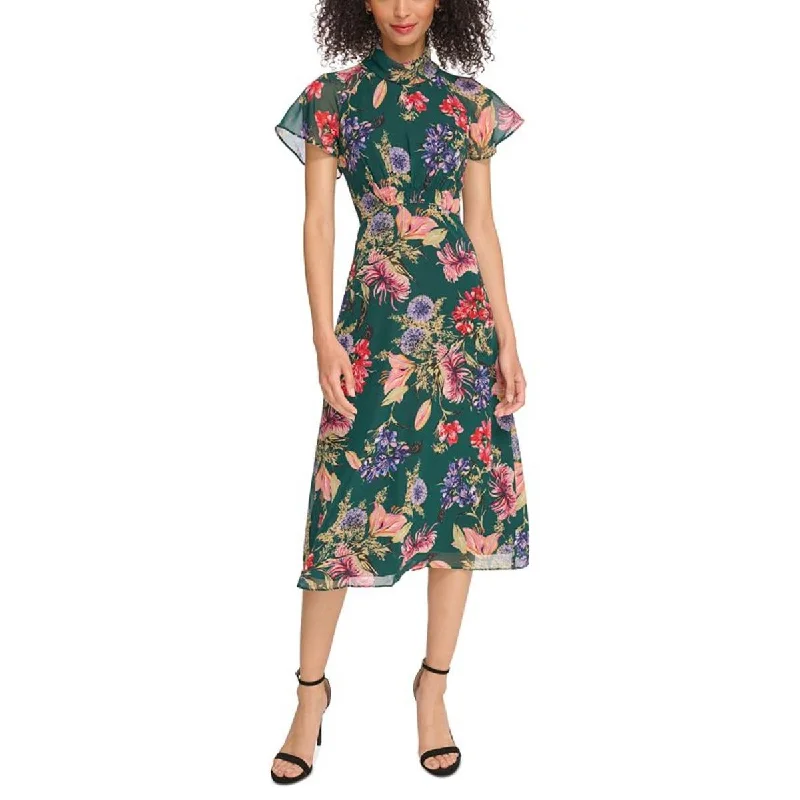 Womens Floral Print Flutter Sleeve Midi Dress Vacation midi dresses