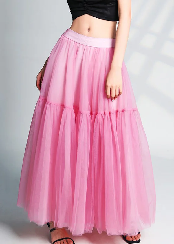 Beautiful Pink Wrinkled High Waist Tulle Skirts Summer Breathable unclassified skirts