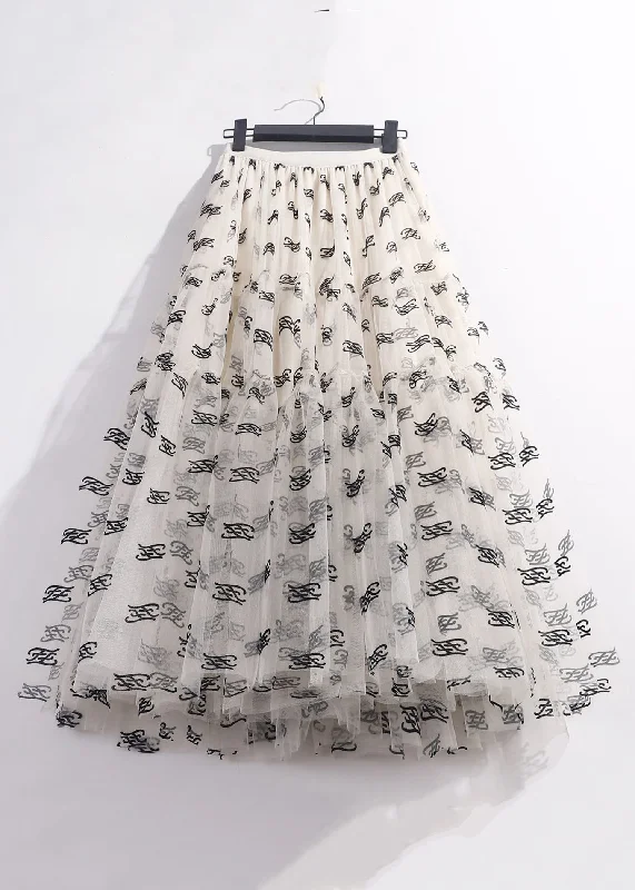 Loose Beige Print Elastic Waist Tulle Skirt Summer Discounted unclassified skirts