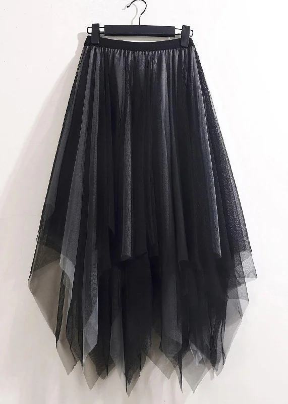 Loose Black Grey Asymmetrical Wrinkled Tulle Skirts Summer Color block unclassified skirts