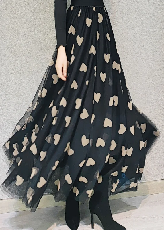 Stylish Black Wrinkled Heart Print High Waist Tulle Skirt Spring Date night unclassified skirts