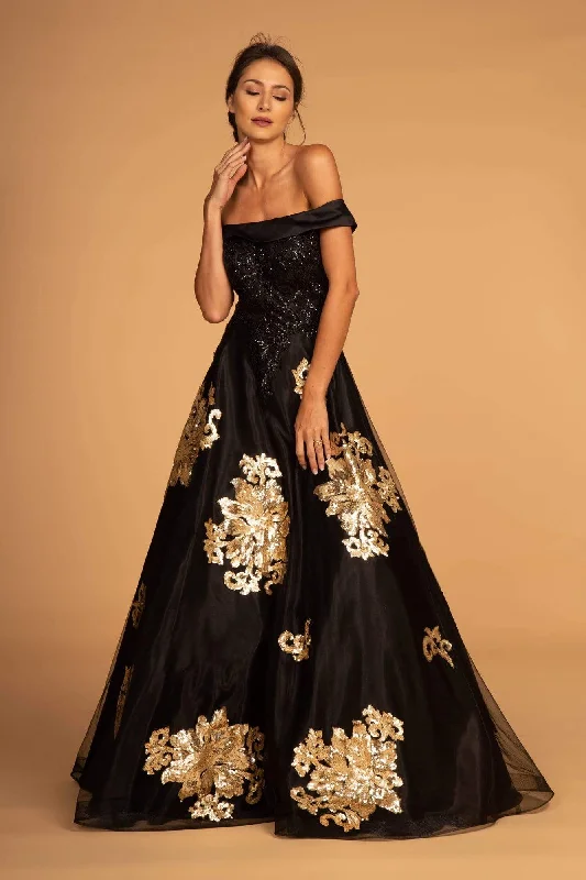 Elizabeth K - GL2542 Sequin Embellished Off-Shoulder Evening Gown Flattering party dresses for all body types