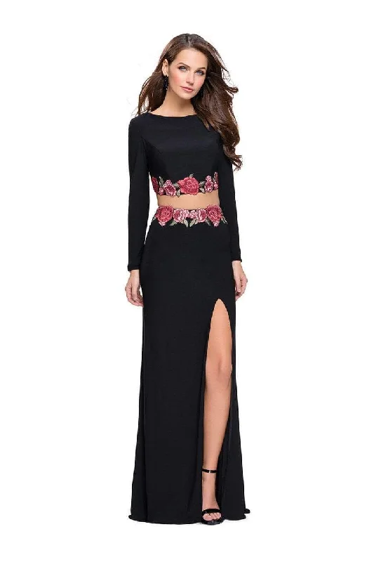 La Femme - 25695 Long Sleeve Flower Trimmed Jersey Evening Gown Classic party dresses