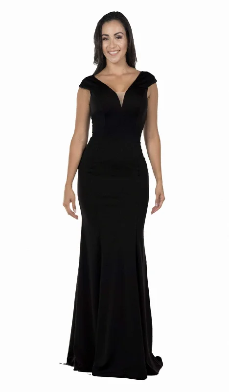 Poly USA - 8290 Cap Sleeve Deep V-Neck Sheath Gown Best party dresses for hourglass body shape