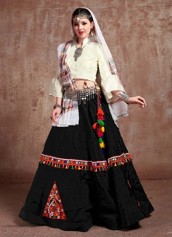 Black And Cream Color Taffeta Silk Base Mirror Work Navratri Special Lehenga Choli Printed unclassified dresses