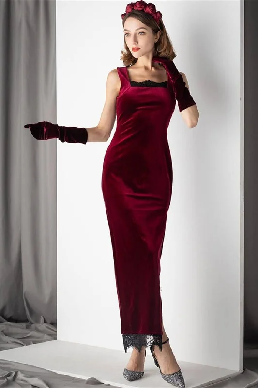 Burgundy Velvet Dress with Slit Bodycon unclassified dresses