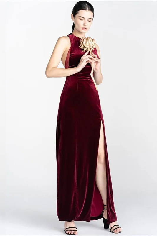 Column Burgundy Velvet Dress with Slit Dark color unclassified dresses