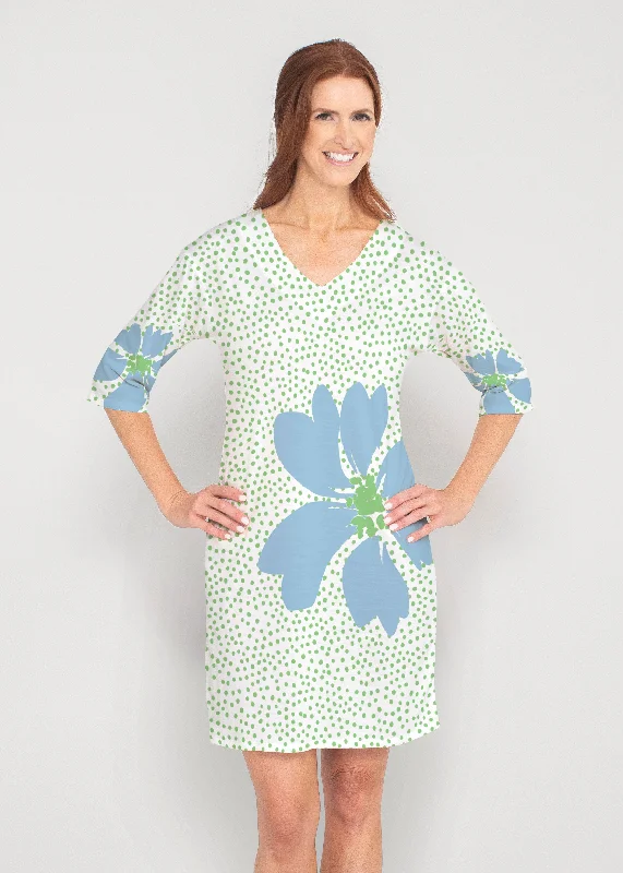 Daisy Dots Blue (8081) ~ Drop Shoulder 3/4 Sleeve V-Neck Dress Breathable unclassified dresses