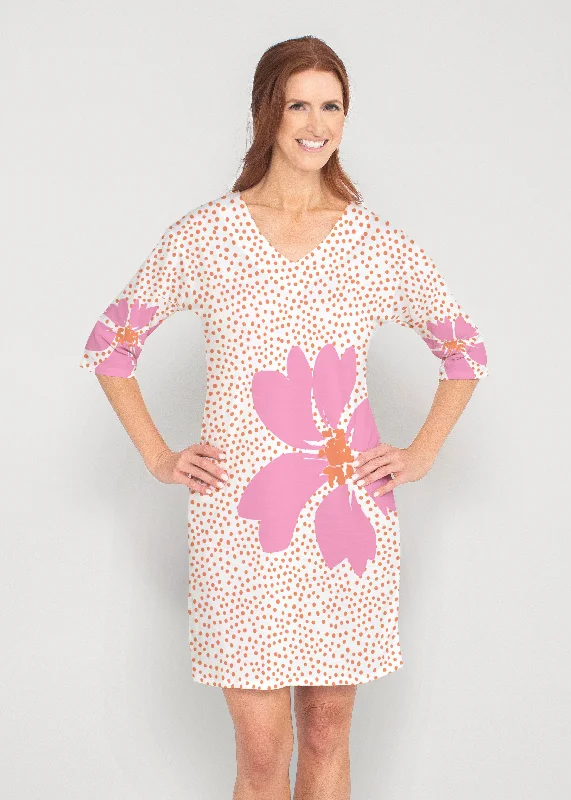 Daisy Dots Pink (8079) ~ Drop Shoulder 3/4 Sleeve V-Neck Dress Everyday wear unclassified dresses