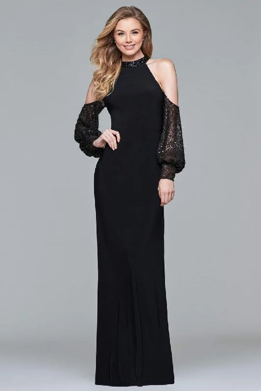 Faviana Cold Shoulder Haltered Jersey Gown s10053 - 1 pc Black In Size 8 Available Petite unclassified dresses