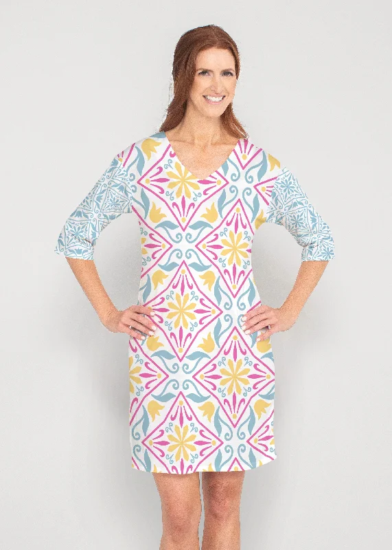 Geo Tile Blue (8158) ~ Drop Shoulder 3/4 Sleeve V-Neck Dress Bold pattern unclassified dresses