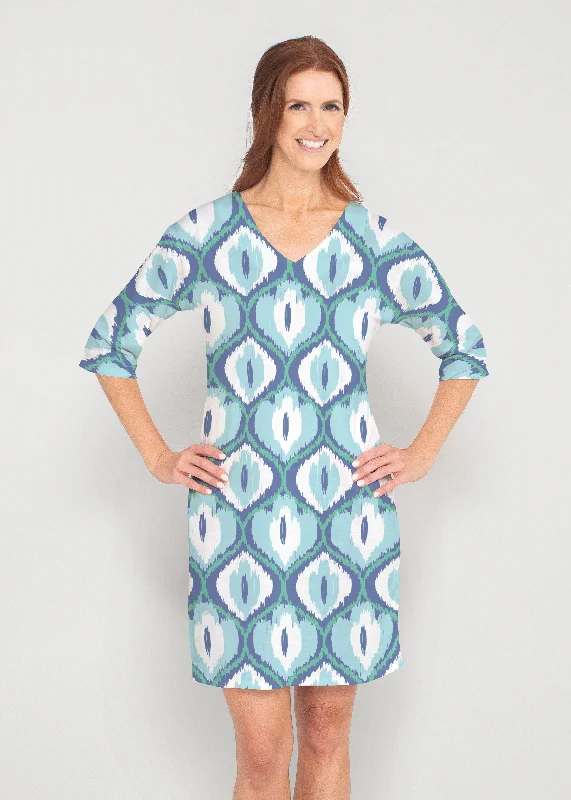 Ikat Buds Blue (8075) ~ Drop Shoulder 3/4 Sleeve V-Neck Dress Earthy tone unclassified dresses