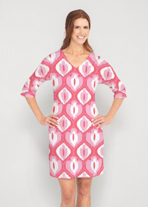 Ikat Buds Red/Pink (8096) ~ Drop Shoulder 3/4 Sleeve V-Neck Dress Party unclassified dresses