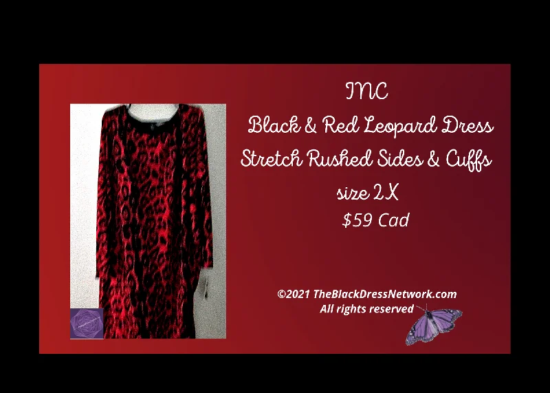 INC Plus 2 X New Black & Red Leopard Dress Stretch Rushed Sides & Cuffs $59 Cad Popular unclassified dresses