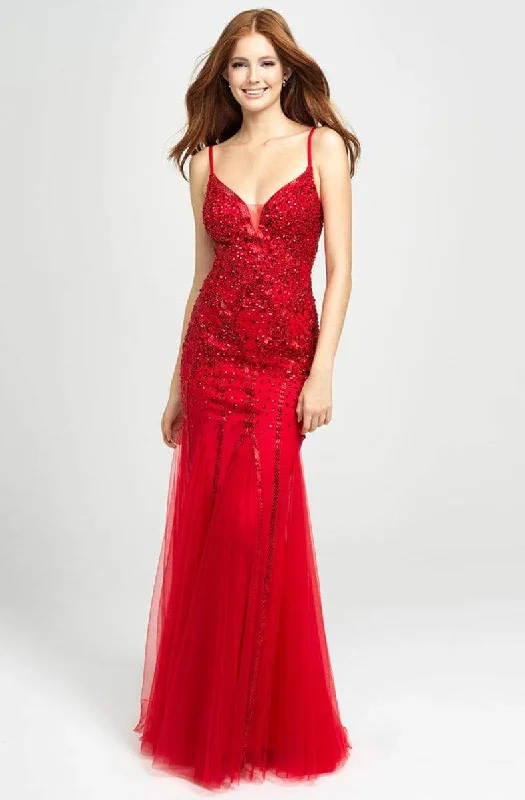 Madison James - Beaded Plunging Godet Trumpet Evening Dress 19-105 - 1 pc Red In Size 4 Available Summer unclassified dresses