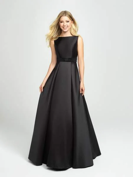 Madison James - Embellished Bateau Mikado Pleated A-line Dress 19-145 - 1 pc Black In Size 6 Available Satin unclassified dresses