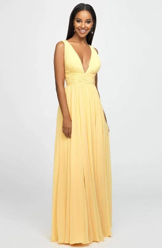 Madison James - Plunging Neck Empire Waist Chiffon A-Line Gown 19-193  - 1 pc Yellow In Size 12 Available Backless unclassified dresses