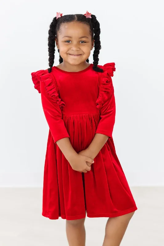 Mila & Rose - Velvet Ruffle Twirl Dress - Red Ruched unclassified dresses