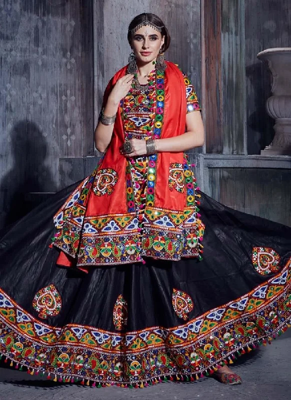 Mirror And Resham work Black Color Cotton Fabric Navratri Special Lehenga Choli Color block unclassified dresses