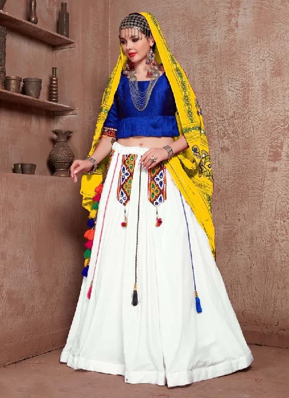 Mirror Work Cotton fabric Blue And White Color Navratri Special Lehenga Choli Printed unclassified dresses