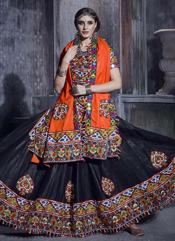 Mirror Work Navratri Ghagra Choli With Orange Dupatta Casual unclassified dresses