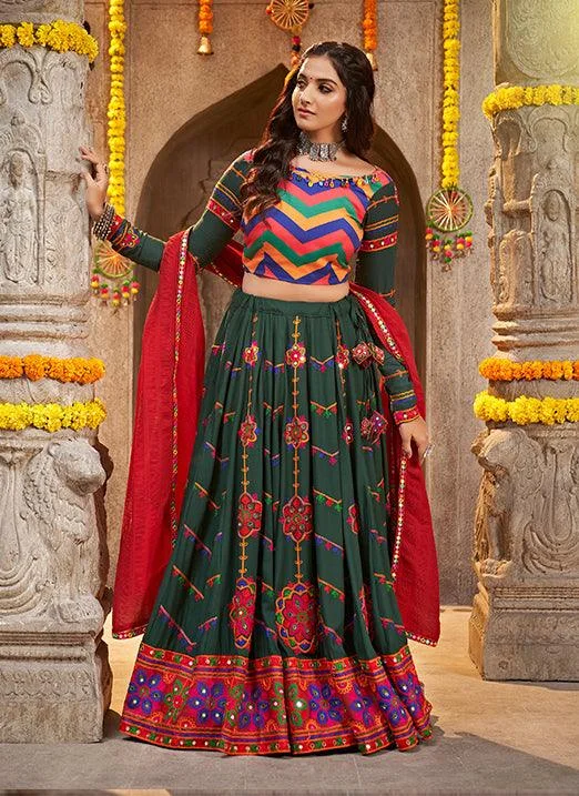 Navratri Special Green Viscose Rayon Thread Embroidered Lehenga Choli with Mirror Work Tulle unclassified dresses