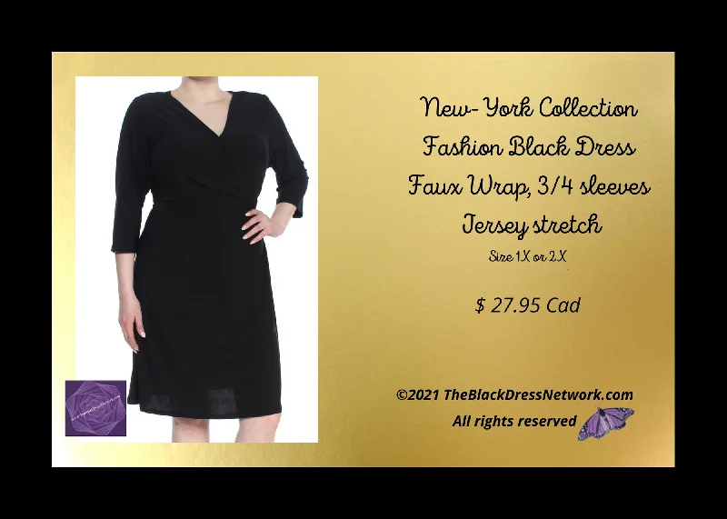 New-York Collection Fashion Black Dress Faux Wrap, 3/4 sleeves Jersey stretch 1X or 2X Tiered unclassified dresses