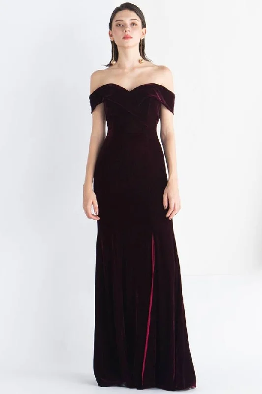 Off the Shoulder Burgundy Velvet Dress with Slit Cocktail unclassified dresses