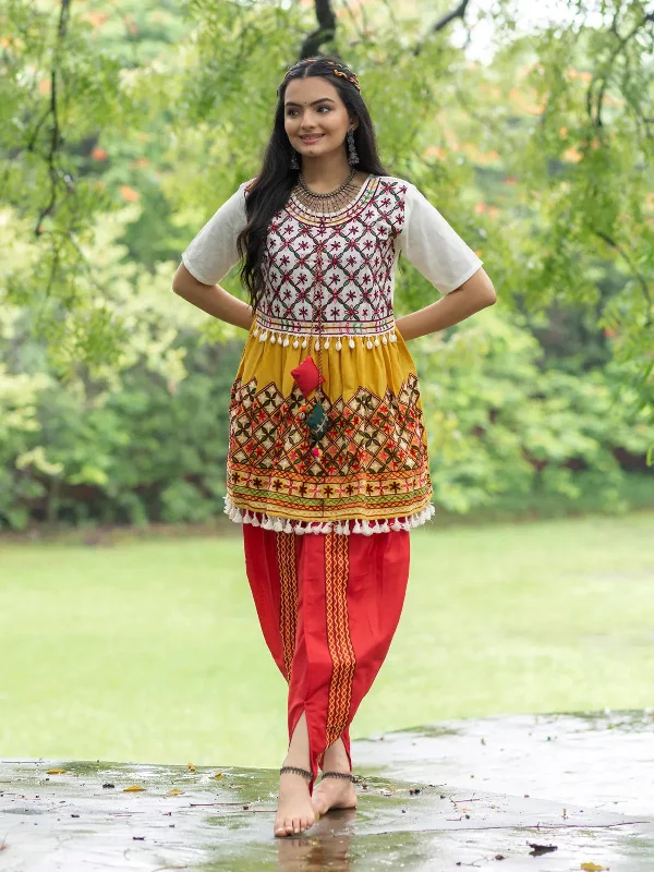 Off-White and Yellow Embroidered  Kedia Set for Navratri Printed unclassified dresses