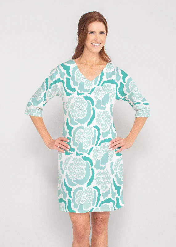 Peonies Aqua (8082) ~ Drop Shoulder 3/4 Sleeve V-Neck Dress A-line unclassified dresses