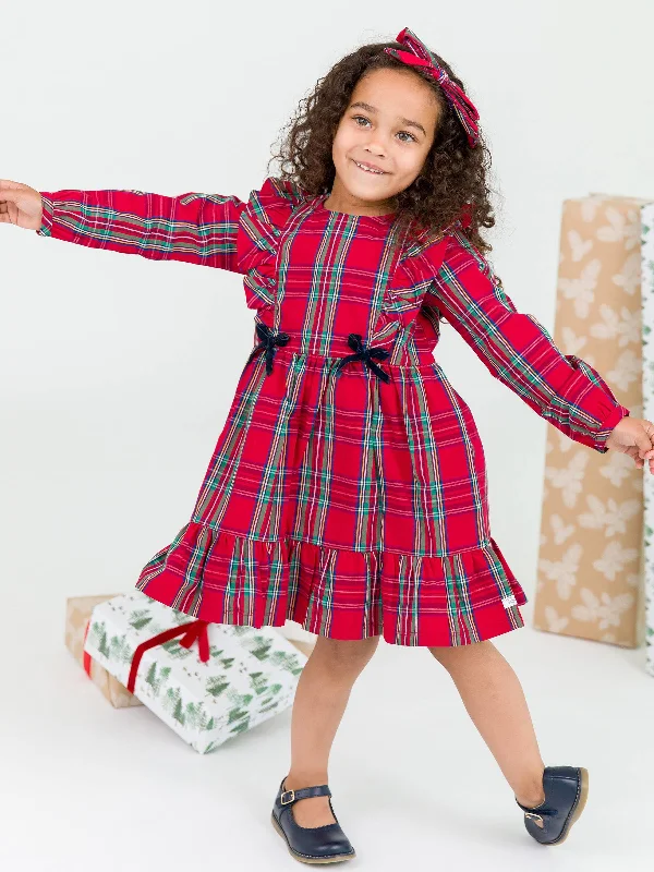 RuffleButts - Tis The Season Plaid Ruffle Bow Dress Silk unclassified dresses