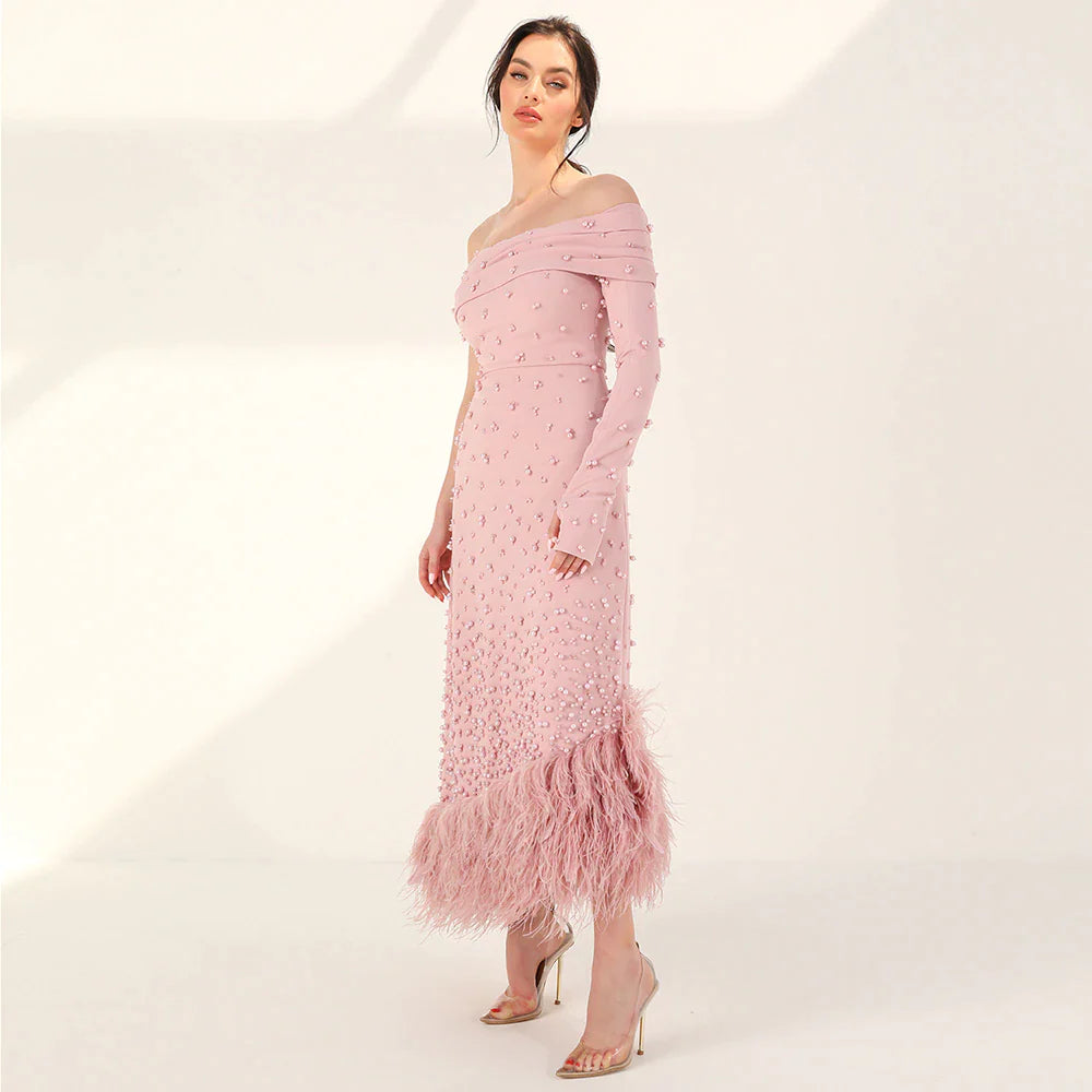 Luxury Feathers Pink Off Shoulder Evening Dress SS388 High-low unclassified dresses