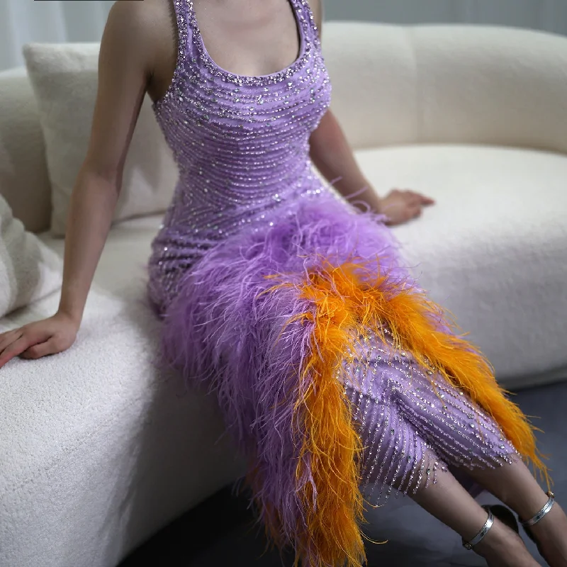 Luxury Feathers Lilac Halter Evening Dress SS473 Sleeveless unclassified dresses