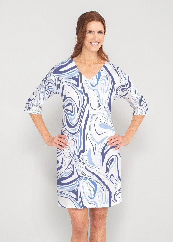 Swirly Blue (8076) ~ Drop Shoulder 3/4 Sleeve V-Neck Dress Trendy new unclassified dresses