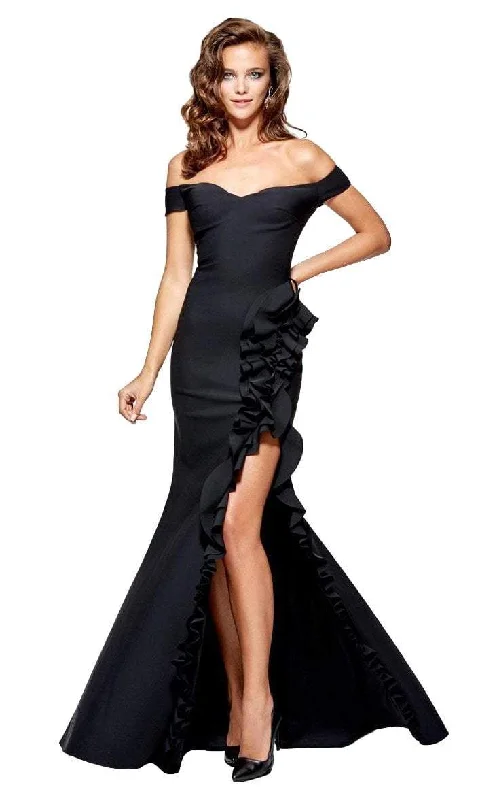 Tarik Ediz - 93168 Off The Shoulder Ruffle Detail Gown - 1 pc Sax in Size 14 Available Soft fabric unclassified dresses