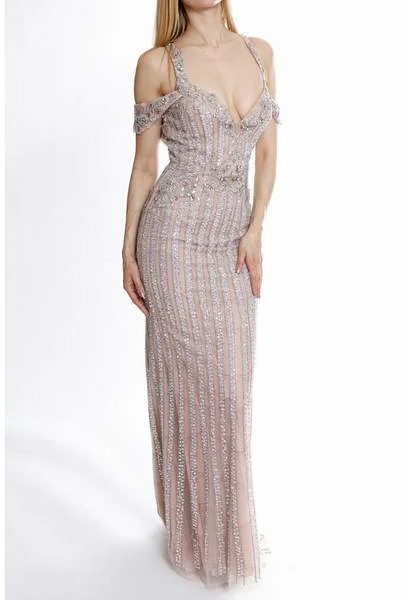 Terani Couture - Metallic Beaded Cutout Sheath Gown 1821GL7440 - 1 pc Blush Nude In Size 6 Available Polka dot unclassified dresses