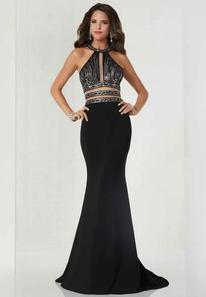 Tiffany Designs - Beaded Halter Jersey Sheath Dress 46144 - 1 pc Black In Size 6 Available Vacation unclassified dresses