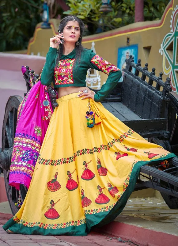 Treditional Look Dark Green And Yellow Color Cotton Base Lehenga Choli Luxury unclassified dresses