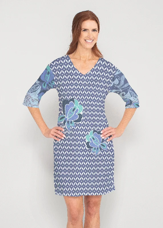 Vintage Blooms Blue (8060) ~ Drop Shoulder 3/4 Sleeve V-Neck Dress Beach unclassified dresses